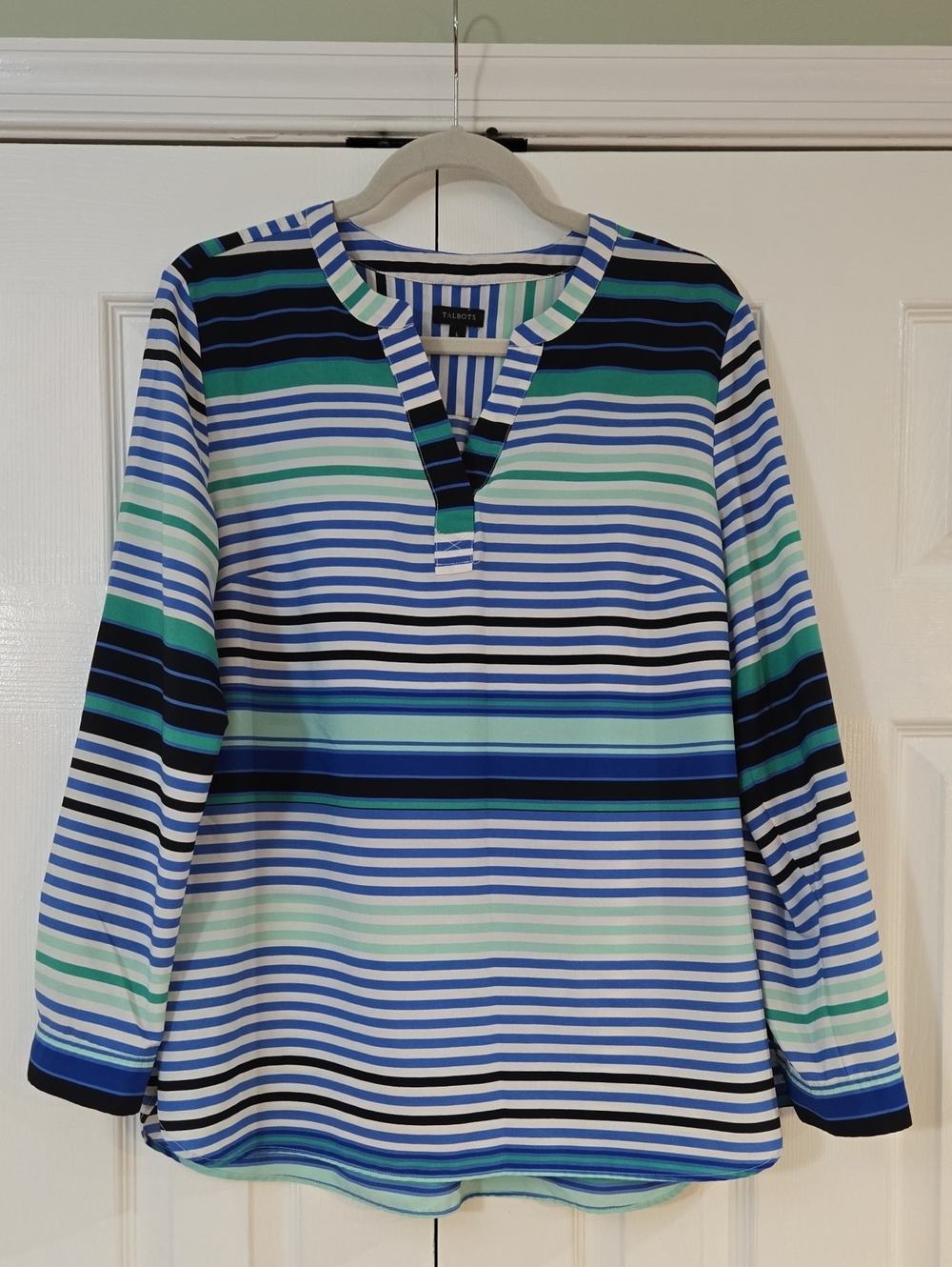 Talbots Striped Split-Neck Top in Blue, Green & White